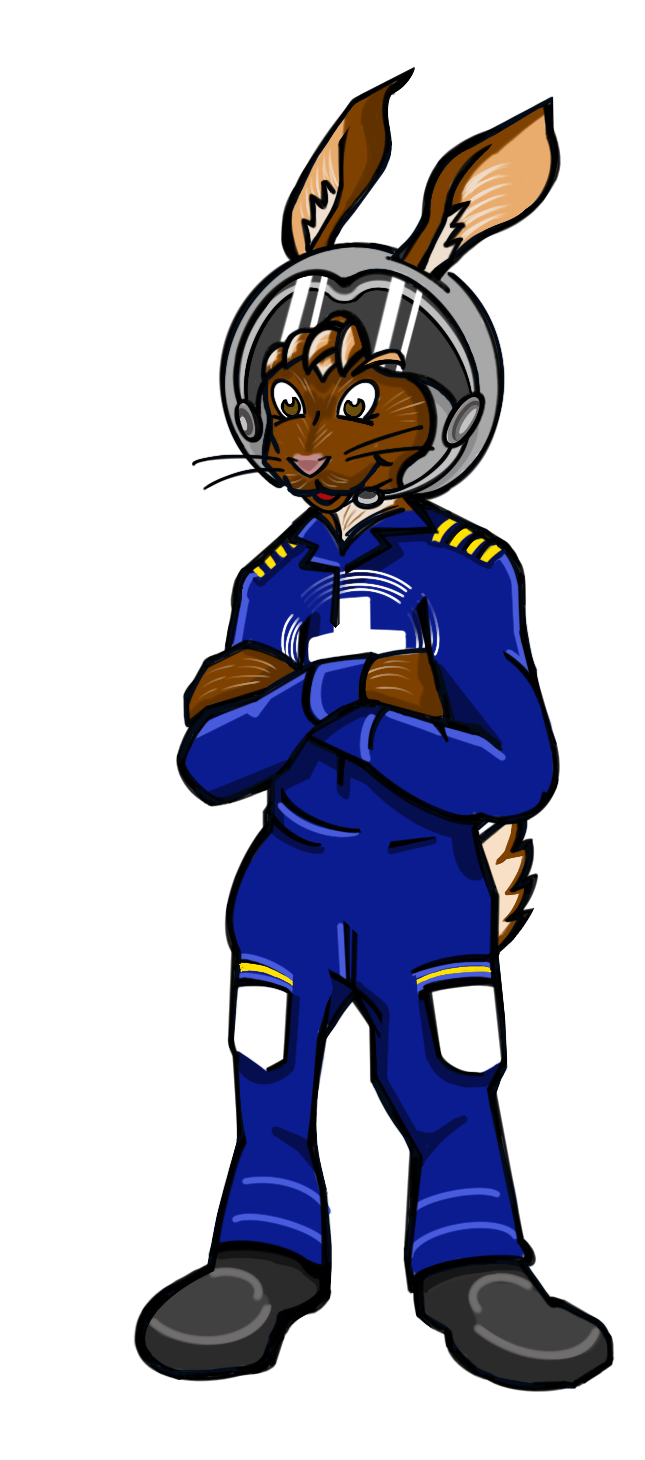 A hare who's a pilot. They wear a blue uniform with a white cross and helmet.