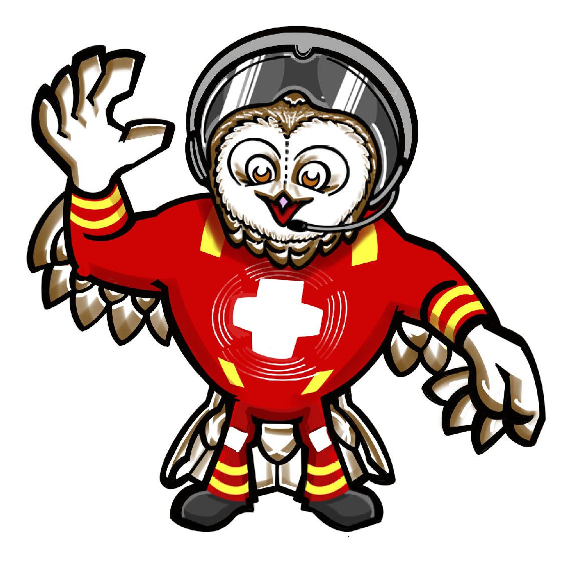 A white owl who's a doctor. They wear a red and yellow uniform with a white cross on the front.