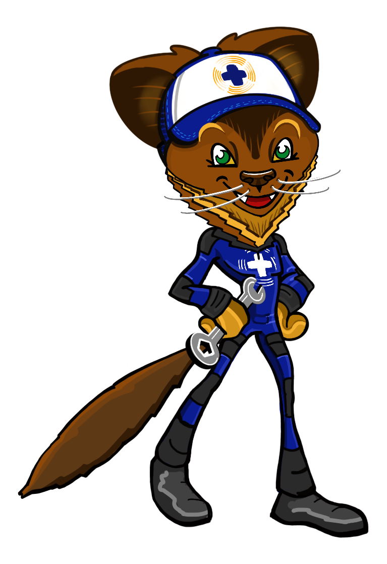 Fixie is a pine marten who wears a blue outfit and a white cap.