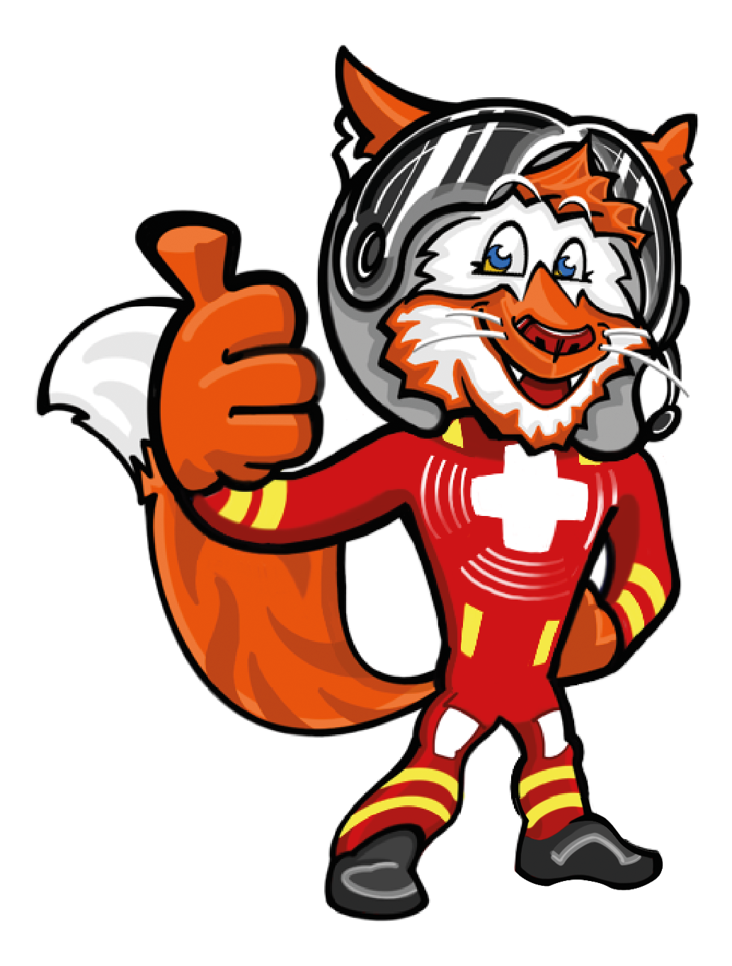 Foxtrot is a fox with a bushy tail with white tip wearing a red and yellow uniform and a helmet