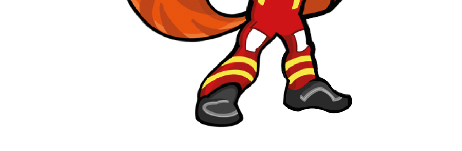 An image of legs of a fox wearing red and yellow trousers and black shoes.