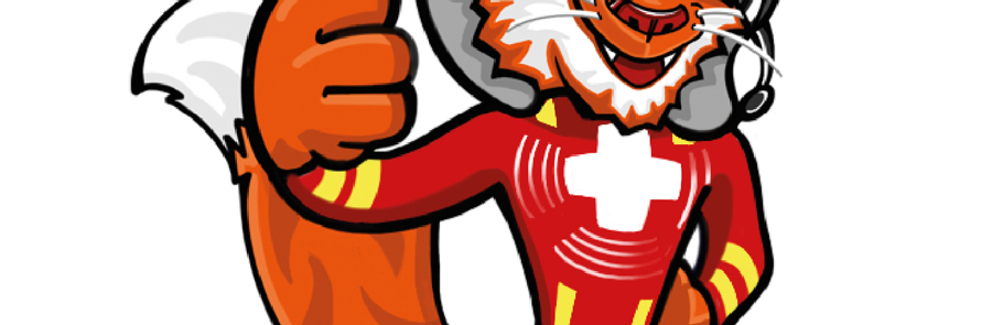 The body image of a fox wearing a red outfit with a white cross on the chest area. The fox is holding their right thumb up with thier bushy tail in the background.