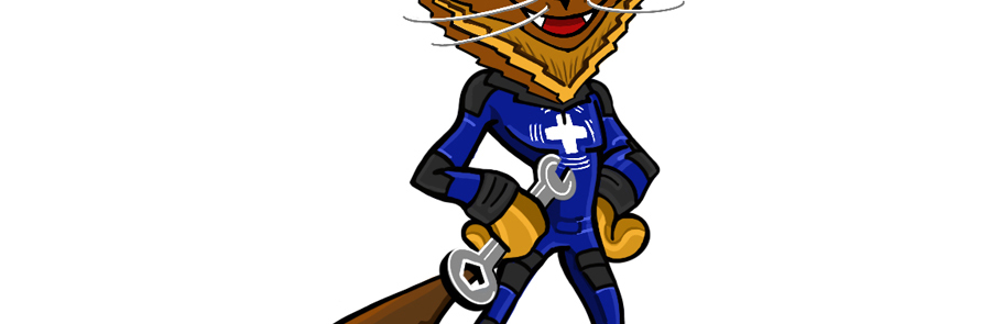 The body of a Pine Martin wearing a blue uniform with a white cross, holding a wrench in their right hand.