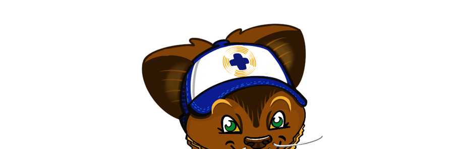 A head image of a Pine Martin who is wearing a white hat with a blue cross on it.