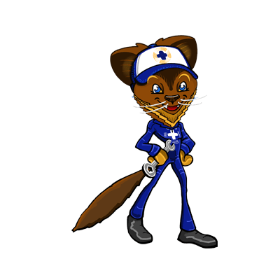 An image of a pine martin. They have a white hat with a blue cross on it. They are wearing a blue outfit which has a white cross on it and they are holding a wrench in their hand. You can see their tail behind them. They are wearing long black boots.