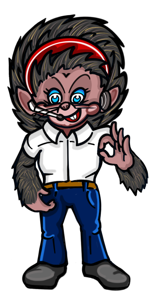 An image of a hedgehog who is wearing a red head-band, white shirt and blue trousers and black boots.