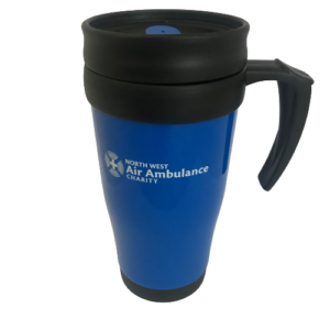 Image of blue and black thermal travel mug with white NWAA logo.