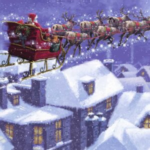 Santa and his sleigh are flying over snowy houses.