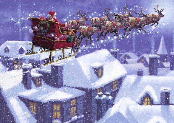 Santa and his sleigh are flying over snowy houses.