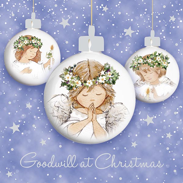 Three angels in baubles with a starry background.