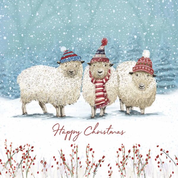 Three illustrated sheep in hats and scarves on a snowy field.
