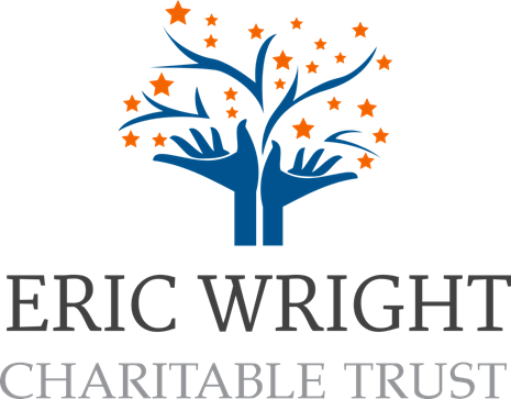 Image of the Eric Wright Charitable Trust: blue hands reaching up forming the base of a tree with orange stars for the leaves