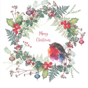 Robin sat on Christmas wreath. Text reads: Merry Christmas.