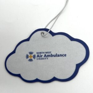 White cloud shaped air freshener with a blue line around the edges and the blue North West Air Ambulance Charity logo in the centre.
