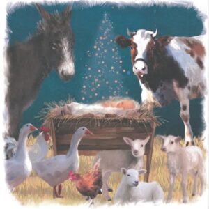 Animals in the stable surround baby Jesus in his crib. There's a donkey, cow, ducks and lambs. There is a light shining down on Jesus.