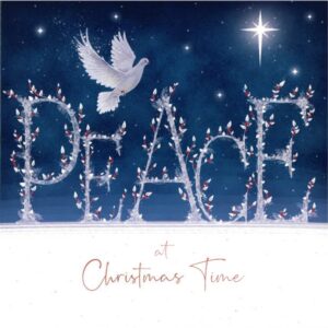 A dark night sky with lots of stars is the background of the word 'Peace' written with Christmas lights on top of a snowy ground. Below the word 'Peace' reads: at Christmas time. There is also dove flying above the sign.