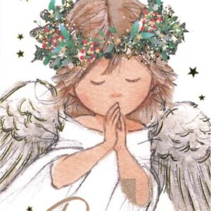 Tall card with child angel in prayer position with a wreath on her head. Surrounded by stars, holly and ivy. Text reads: Peace on Earth.