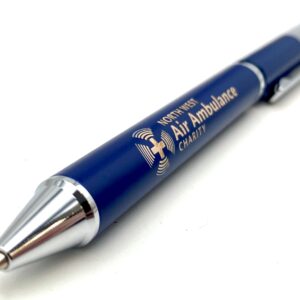 Navy blue, twist action ballpoint pen with chrome clip and tip. The barrel has the North West Air Ambulance charity logo on the barrel.