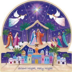 The scene is Bethlehem, with Mary holding Jesus, Joseph and wise men. There is a purple sky with a bright star in it's centre. The bottom of the design shows colourful houses in Bethlehem. The text reads: Silent night, holy night.