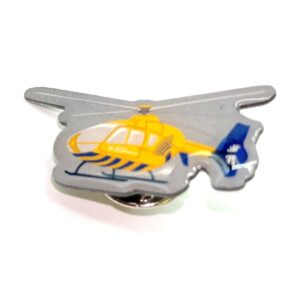 Three centimetre long, metal pin badge in the shape of a helicopter.