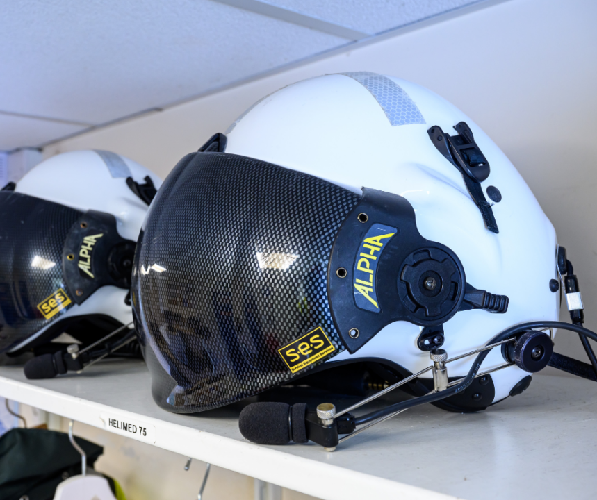 Flight helmet on a shelf at the airbase