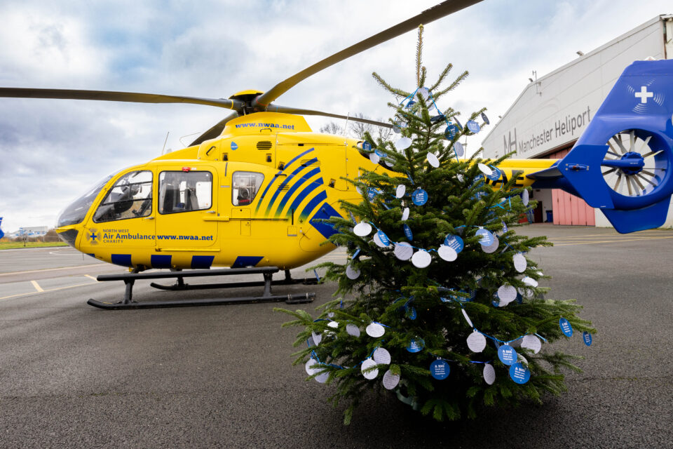 Green christmas tree in front of a yellow and blue helicopter