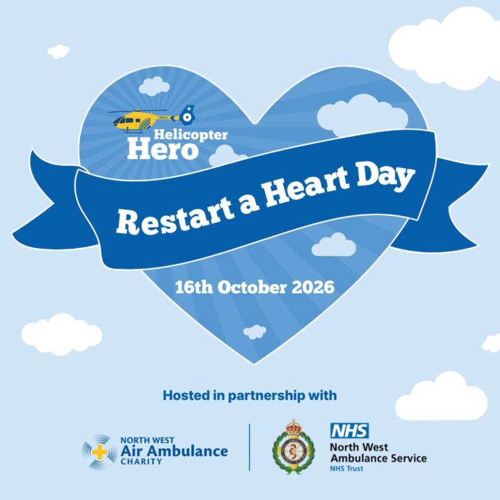 Light blue promotional poster featuring a large heart-shaped graphic decorated with clouds and a yellow-and-blue helicopter alongside the Helicopter Hero logo. A dark blue ribbon across the centre of the heart displays the text “Restart a Heart Day.” Below, the date “16th October 2026” is shown. The background includes scattered white clouds. At the bottom, the text “Hosted in partnership with” appears above the logos of North West Air Ambulance Charity and North West Ambulance Service NHS Trust.
